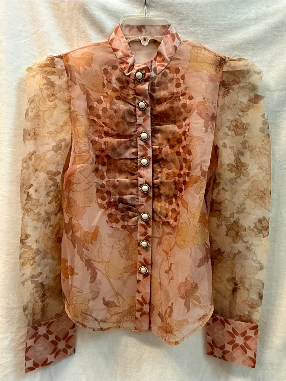 Sheer Floral Ruffle Button-Front Blouse - Peach/Pink